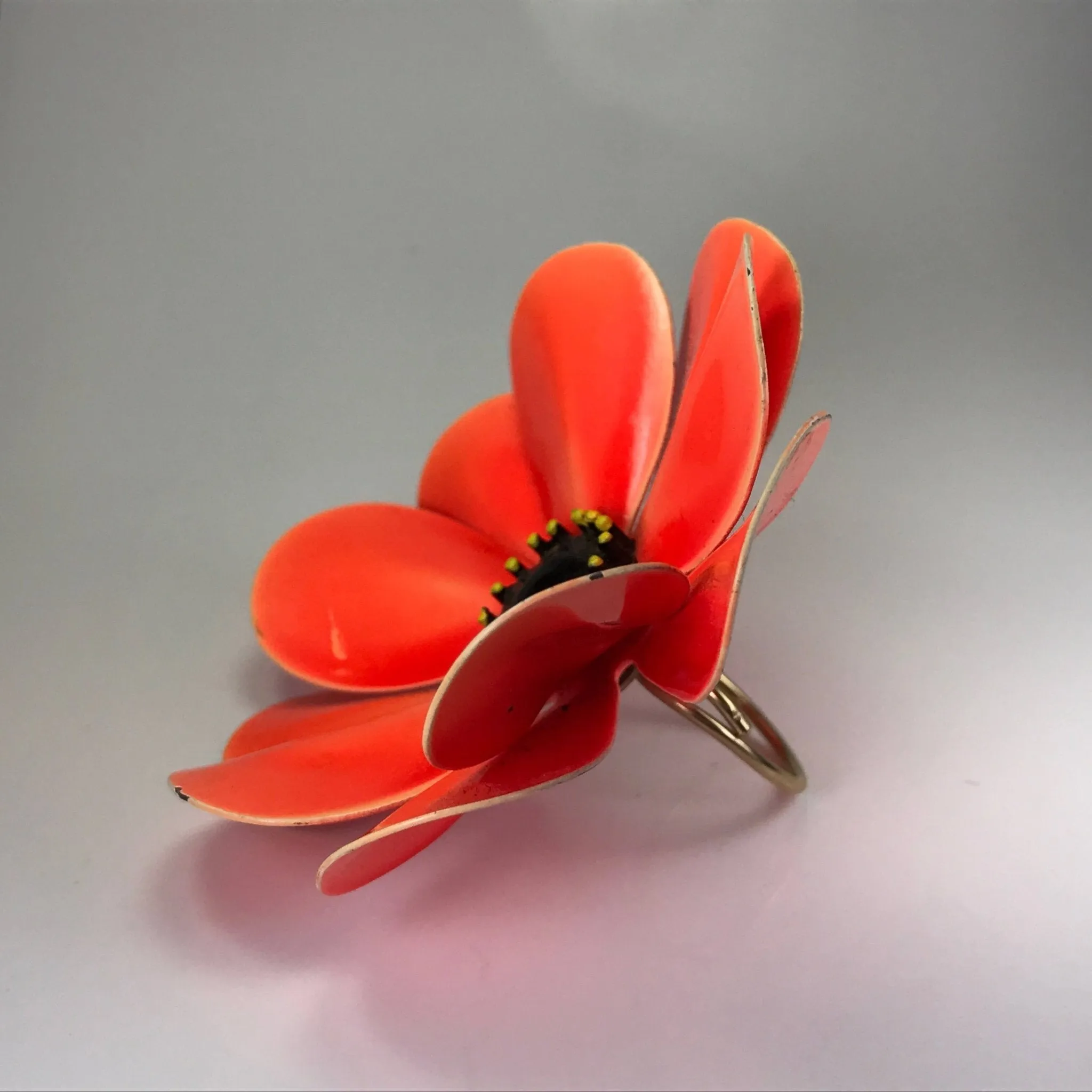 Upcycled Orange Enamel Flower Ring. Orange Poppy Ring. Recycled Estate Jewelry.