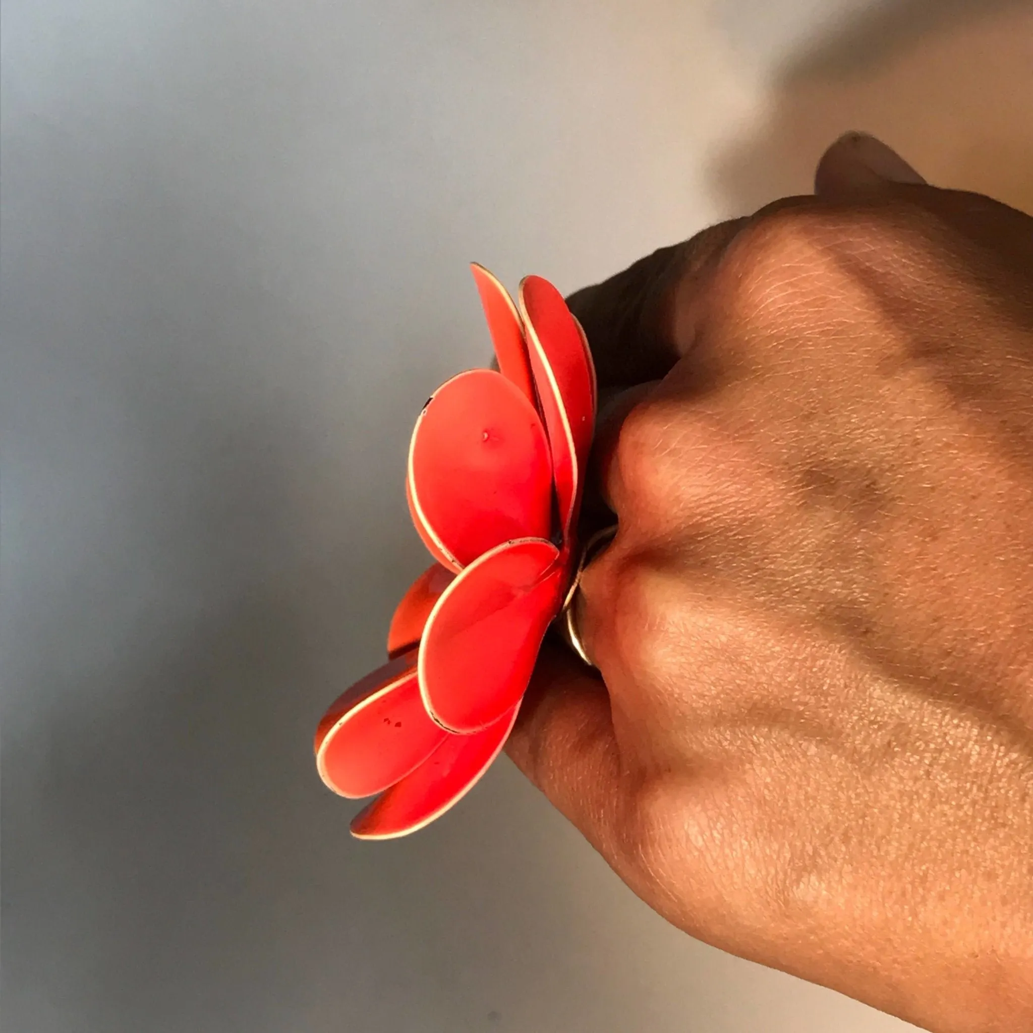 Upcycled Orange Enamel Flower Ring. Orange Poppy Ring. Recycled Estate Jewelry.