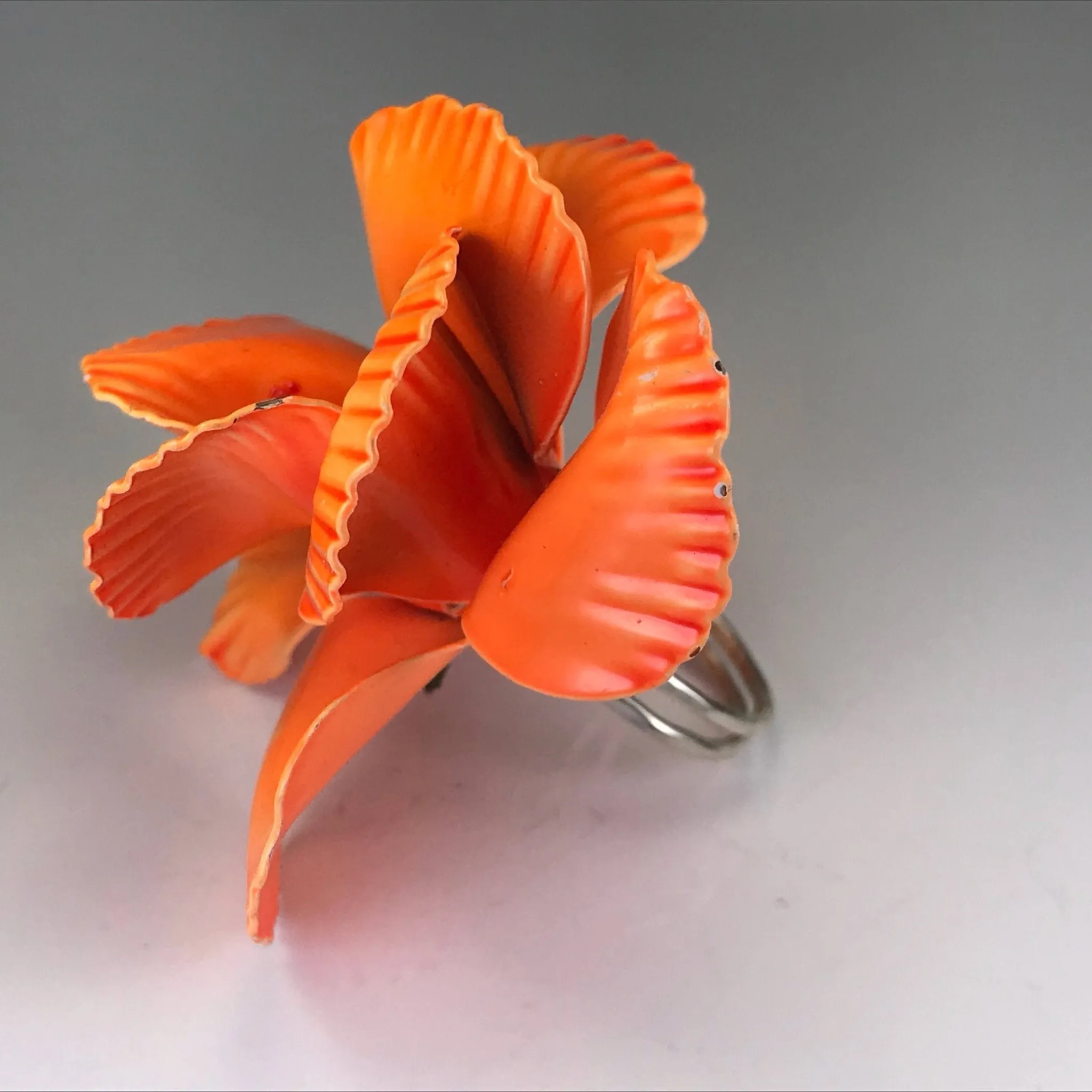 Upcycled Orange Enamel Flower Ring. Tropical Flower Ring. Recycled Estate Jewelry