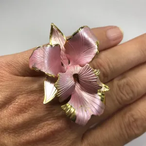 Upcycled Pink Flower Ring. Vintage Hibiscus Ring. Recycled Statement Ring.