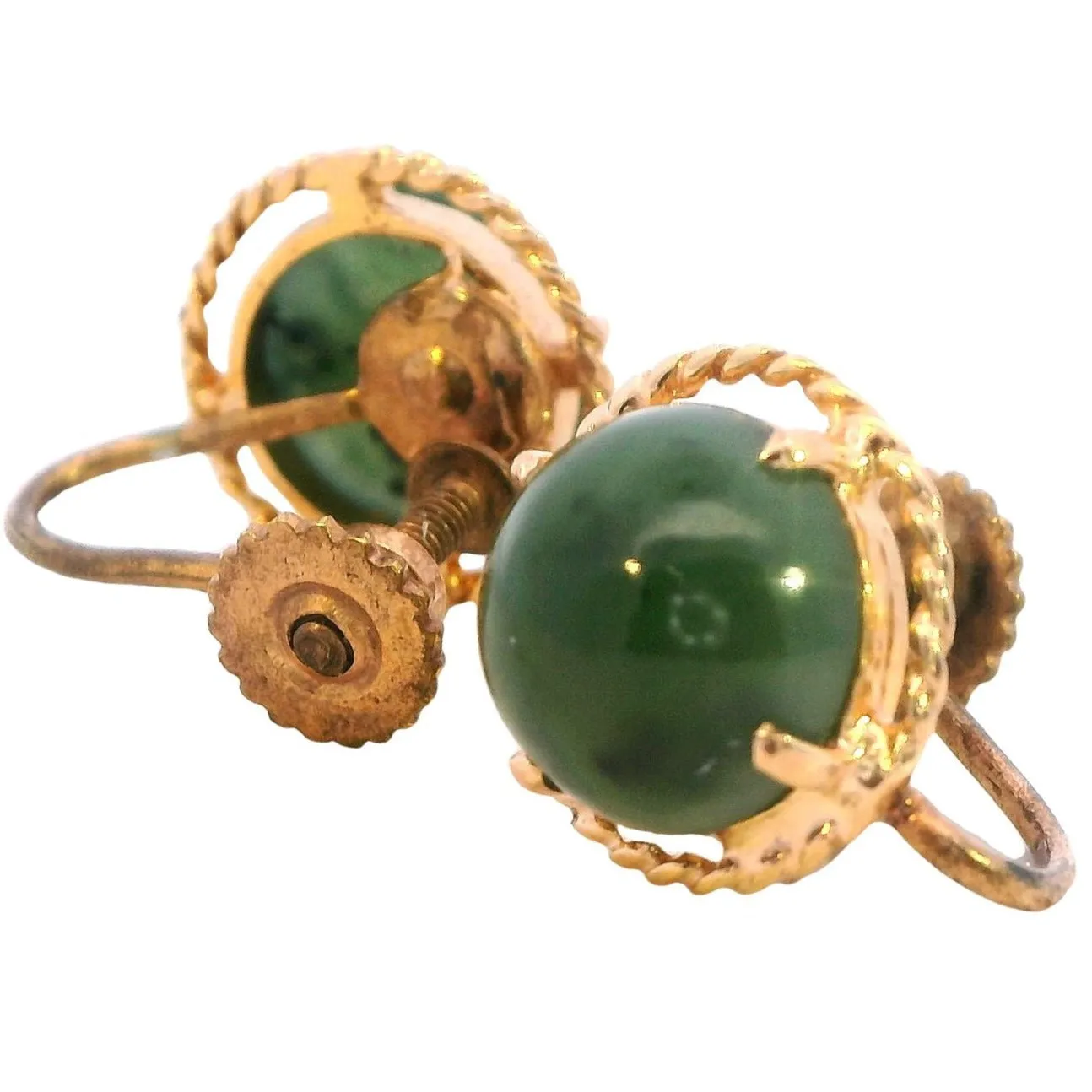 Vintage Elegance: Nephrite Jade Gold-Tone Screw Earrings - A Sustainable Choice