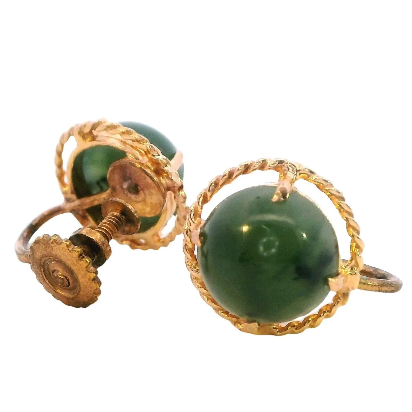 Vintage Elegance: Nephrite Jade Gold-Tone Screw Earrings - A Sustainable Choice