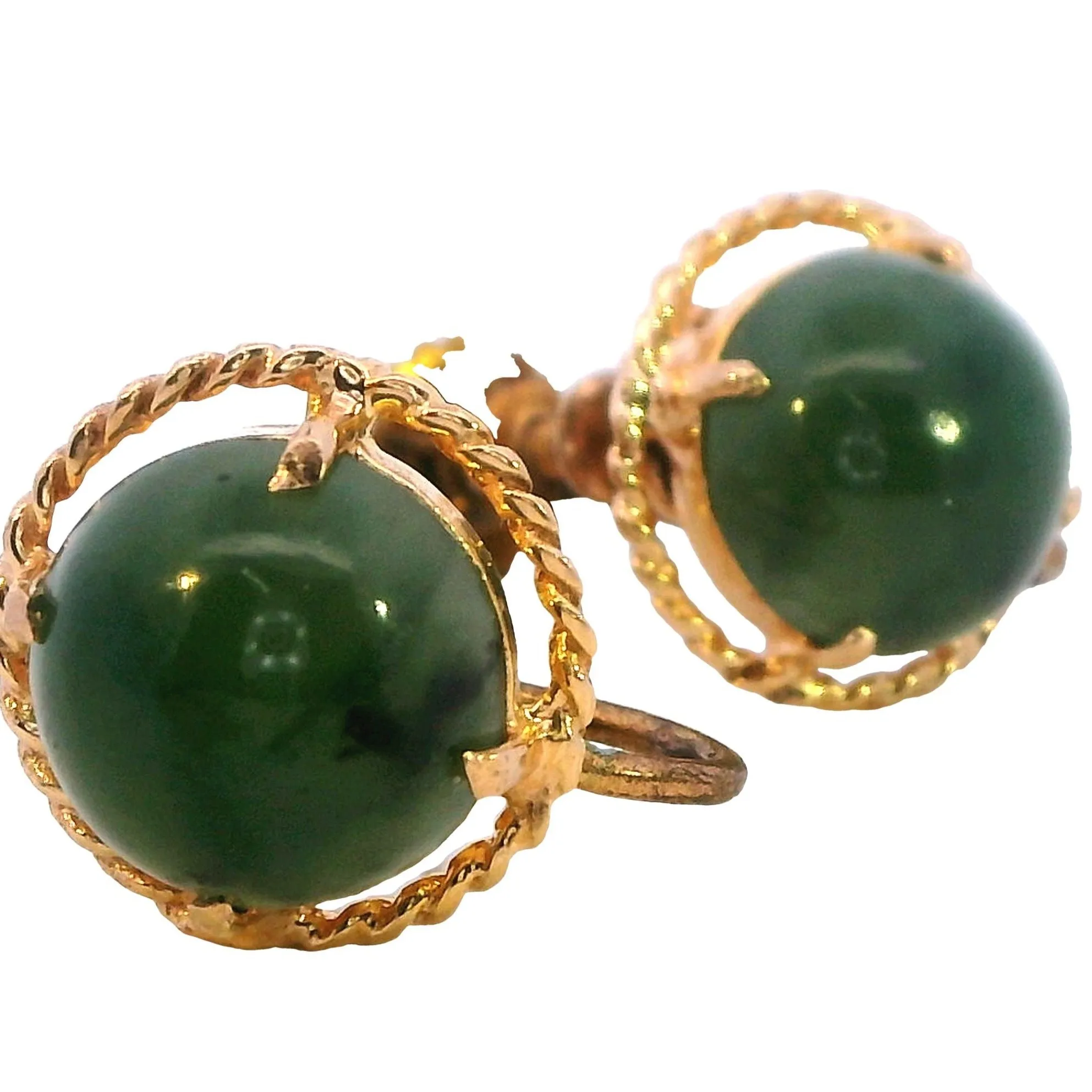 Vintage Elegance: Nephrite Jade Gold-Tone Screw Earrings - A Sustainable Choice